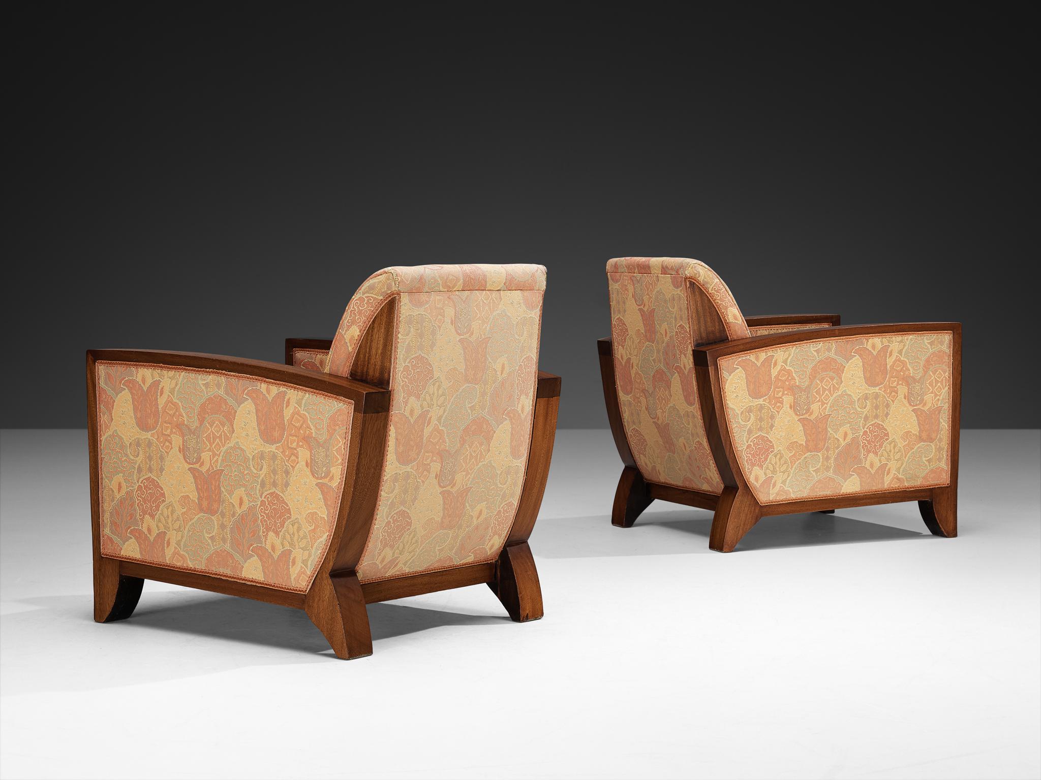 Art Deco Pair of Lounge Chairs in Mahogany and Patterned Fabric For Sale 2