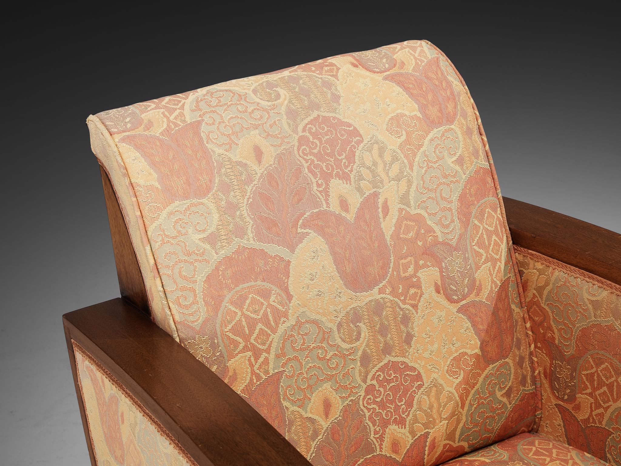 Art Deco Pair of Lounge Chairs in Mahogany and Patterned Fabric For Sale 3