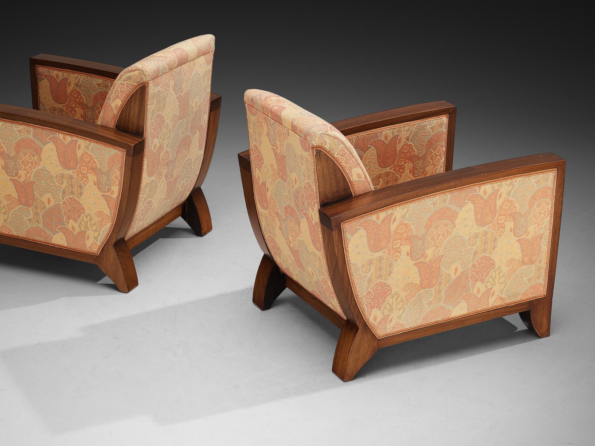 Art Deco Pair of Lounge Chairs in Mahogany and Patterned Fabric For Sale 4