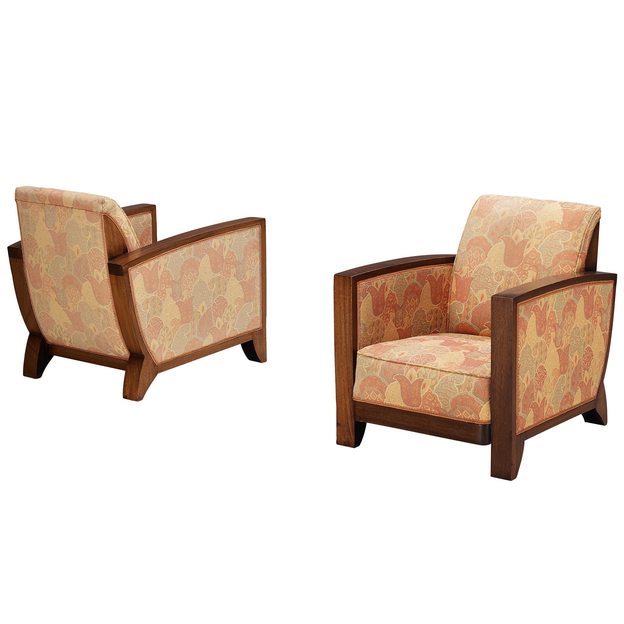 Art Deco Pair of Lounge Chairs in Mahogany and Patterned Fabric For Sale