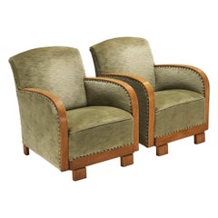 Coppia di sedie da salotto Art Deco in Oak e tessuto verde scuro