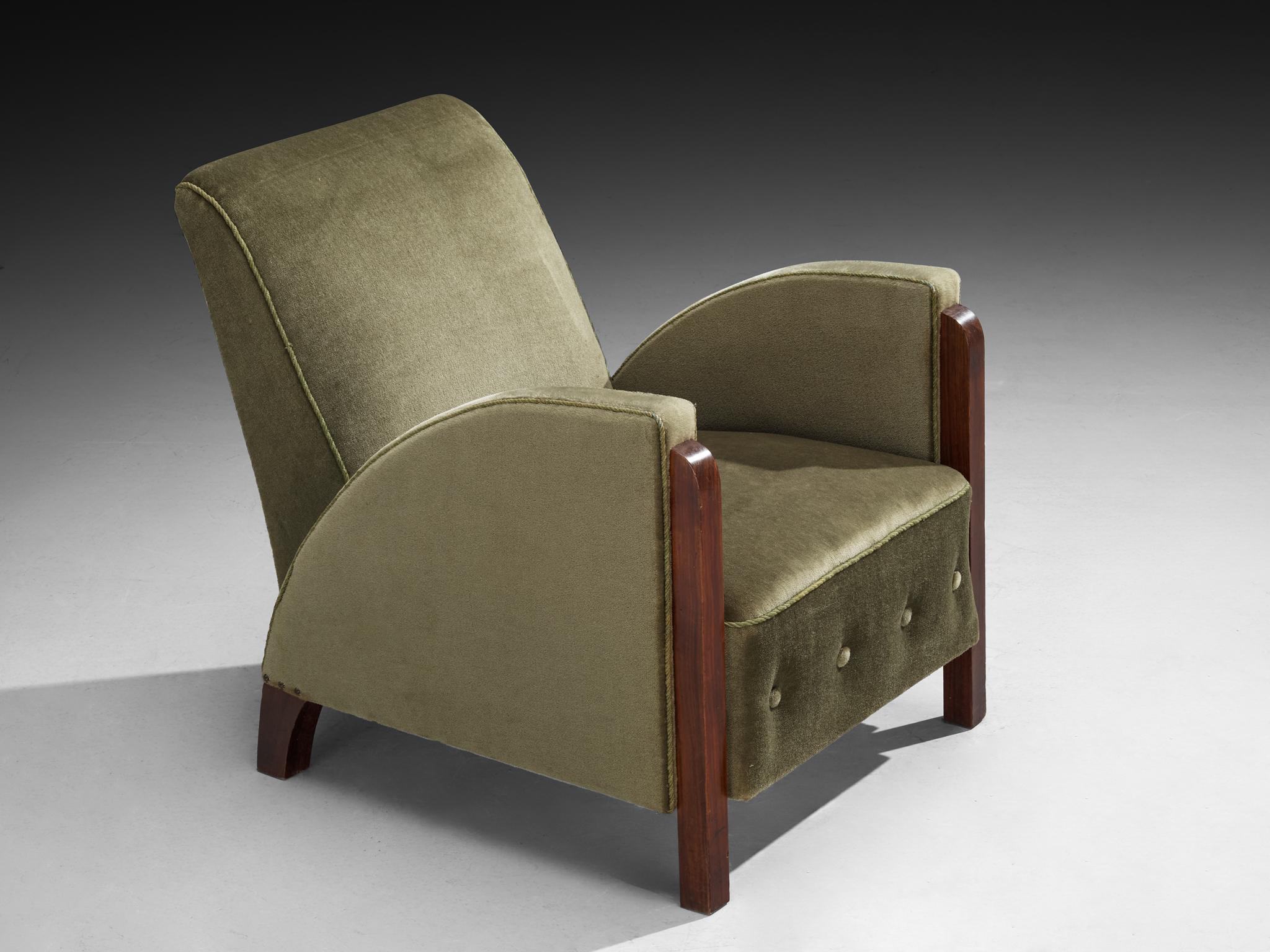 Pareja de sillones Art Déco de terciopelo verde oliva en Bueno estado para la venta en Waalwijk, NL
