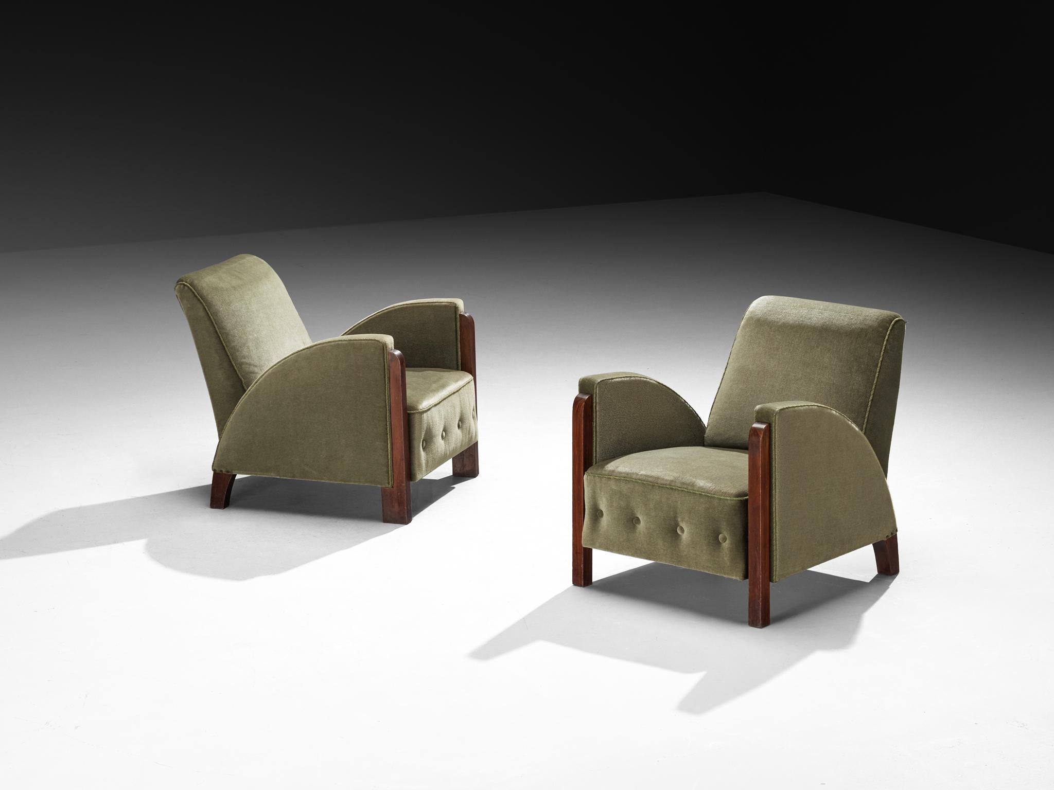 Pareja de sillones Art Déco de terciopelo verde oliva Terciopelo en venta