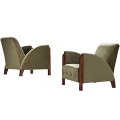 Art Deco Pair of Lounge Chairs in Olive Green Velvet