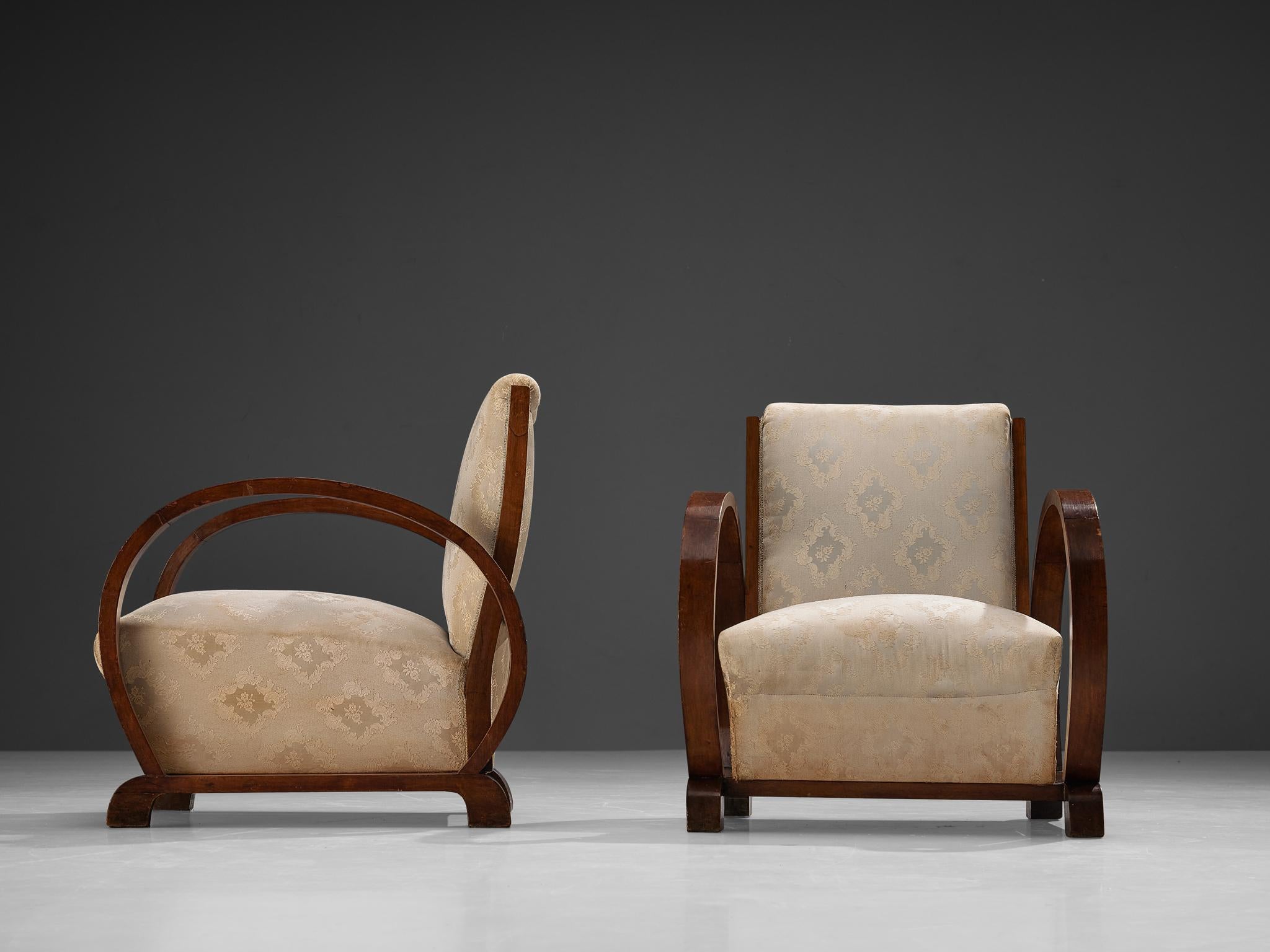 Mid-20th Century Art Deco Pair of Lounge Chairs in Walnut and Floral Upholstery  For Sale