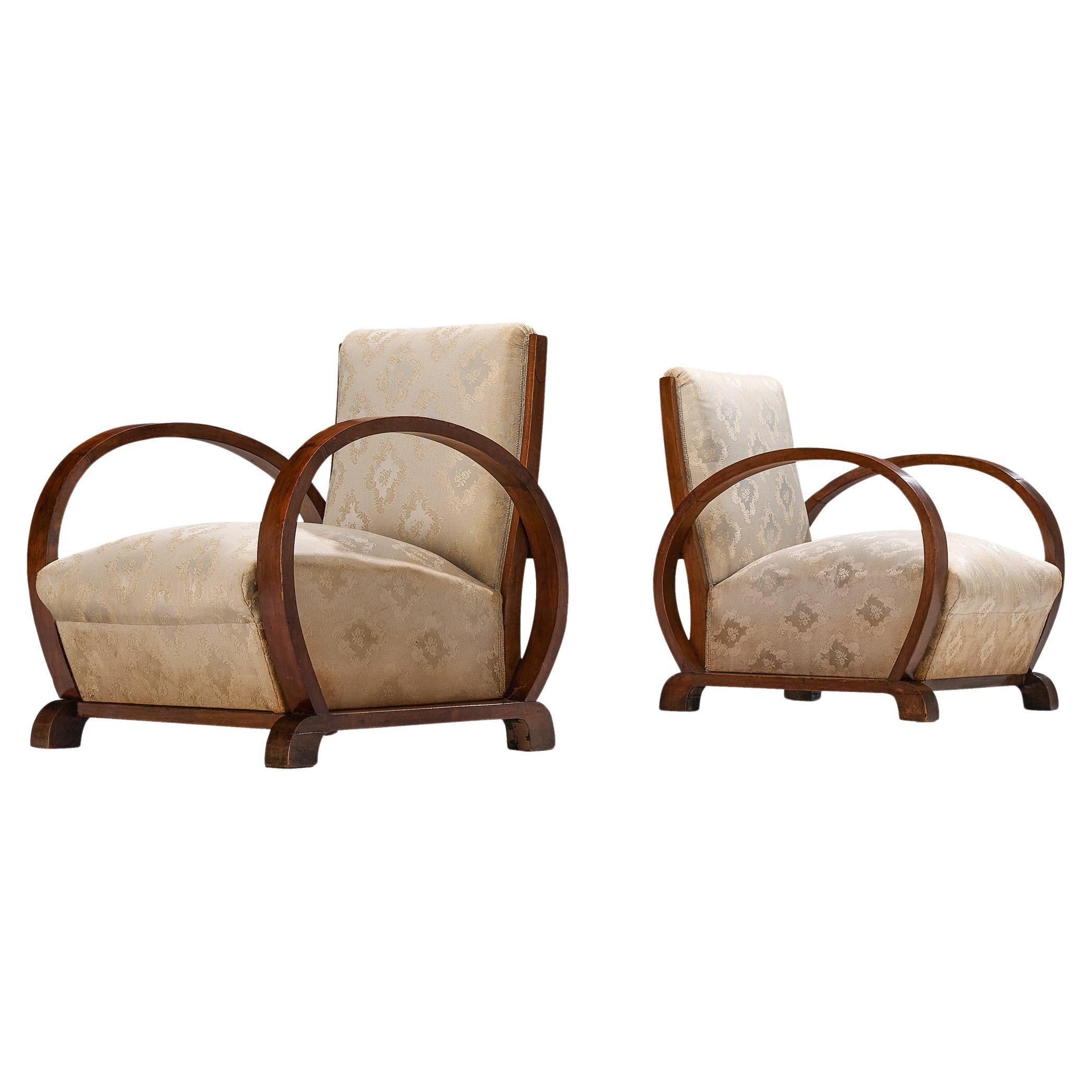 Art Deco Pair of Lounge Chairs in Walnut and Floral Upholstery  For Sale