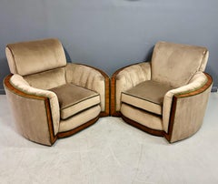 Art Deco Pair of Luxurious Tank Lounge Chairs In Mocha Velvet with Walnut Inlay