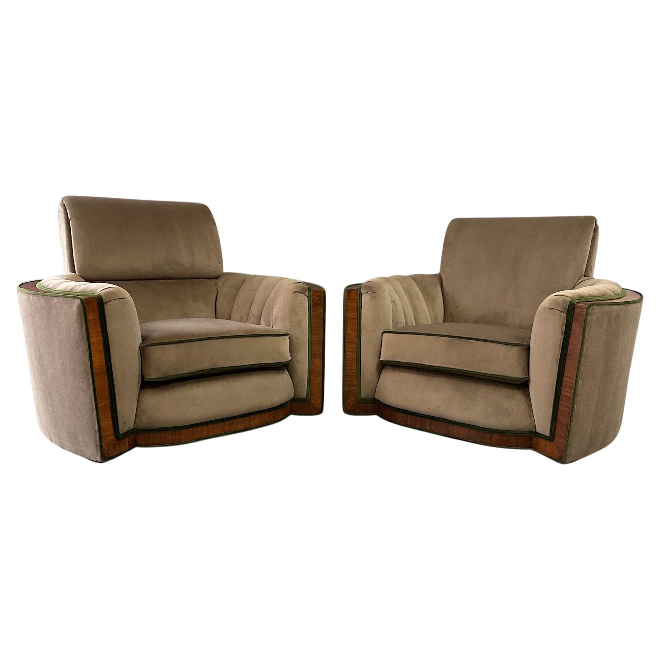 Art Deco Pair of Luxurious Tank Lounge Chairs In Mocha Velvet with Walnut Inlay