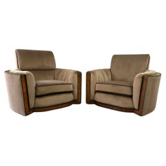 Art Deco Pair of Luxurious Tank Lounge Chairs In Mocha Velvet with Walnut Inlay
