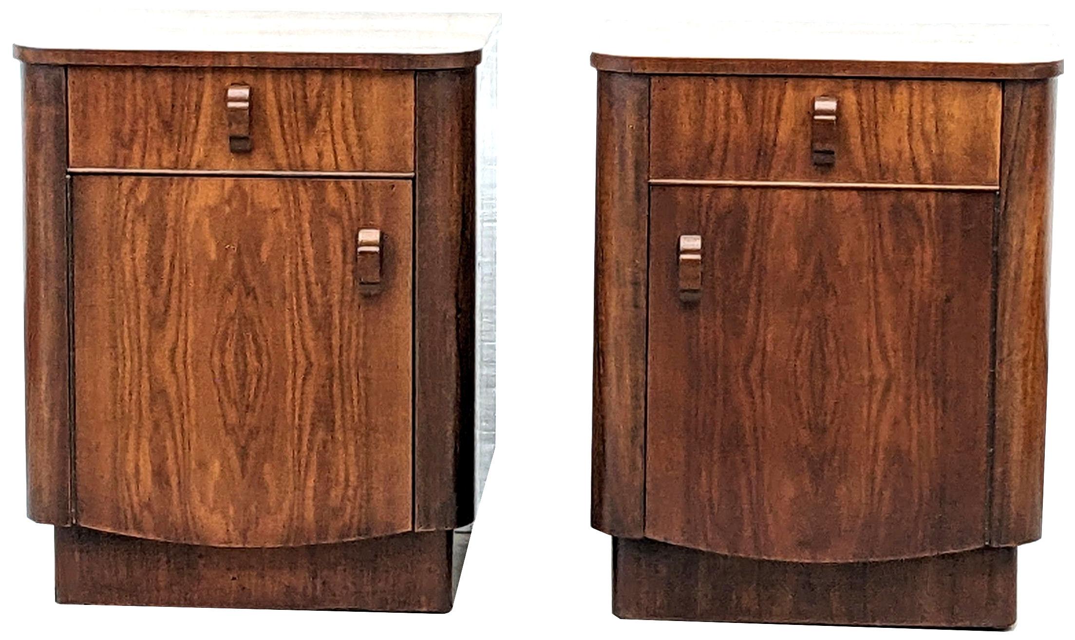 English Art Deco Pair of Matching Bedside Cabinets, Walnut, c1930 For Sale