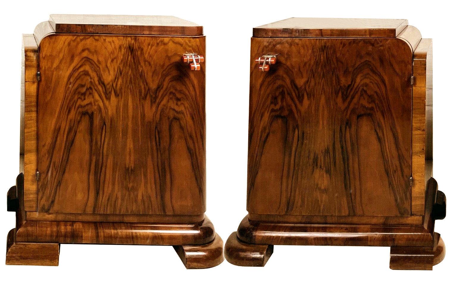 A rare opportunity to acquire such high styled and totally original Art Deco bedside tables. Originating from mainland Europe and dating to the early 1930's they fill both the highly desired shape of Art Deco at its best and sort after the luscious