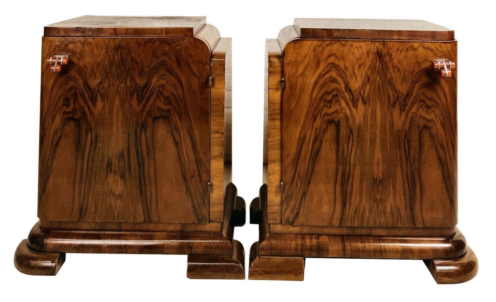 Chrome Art Deco Pair of Matching Bedside Table Nightstands in Walnut, c1930