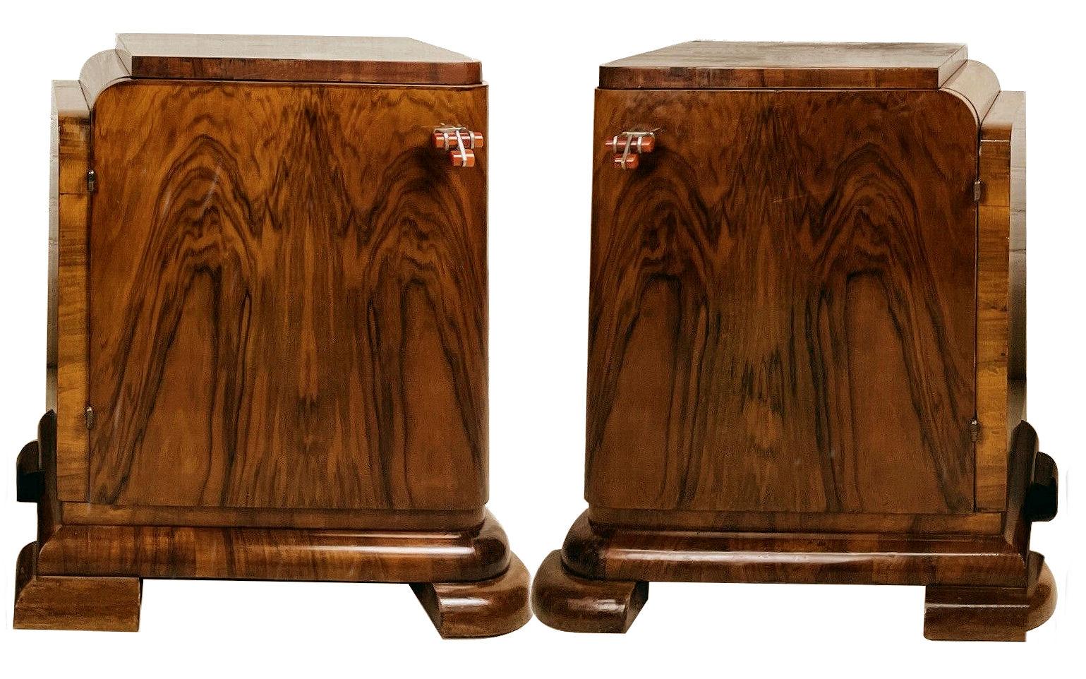 Art Deco Pair of Matching Bedside Table Nightstands in Walnut, c1930 2