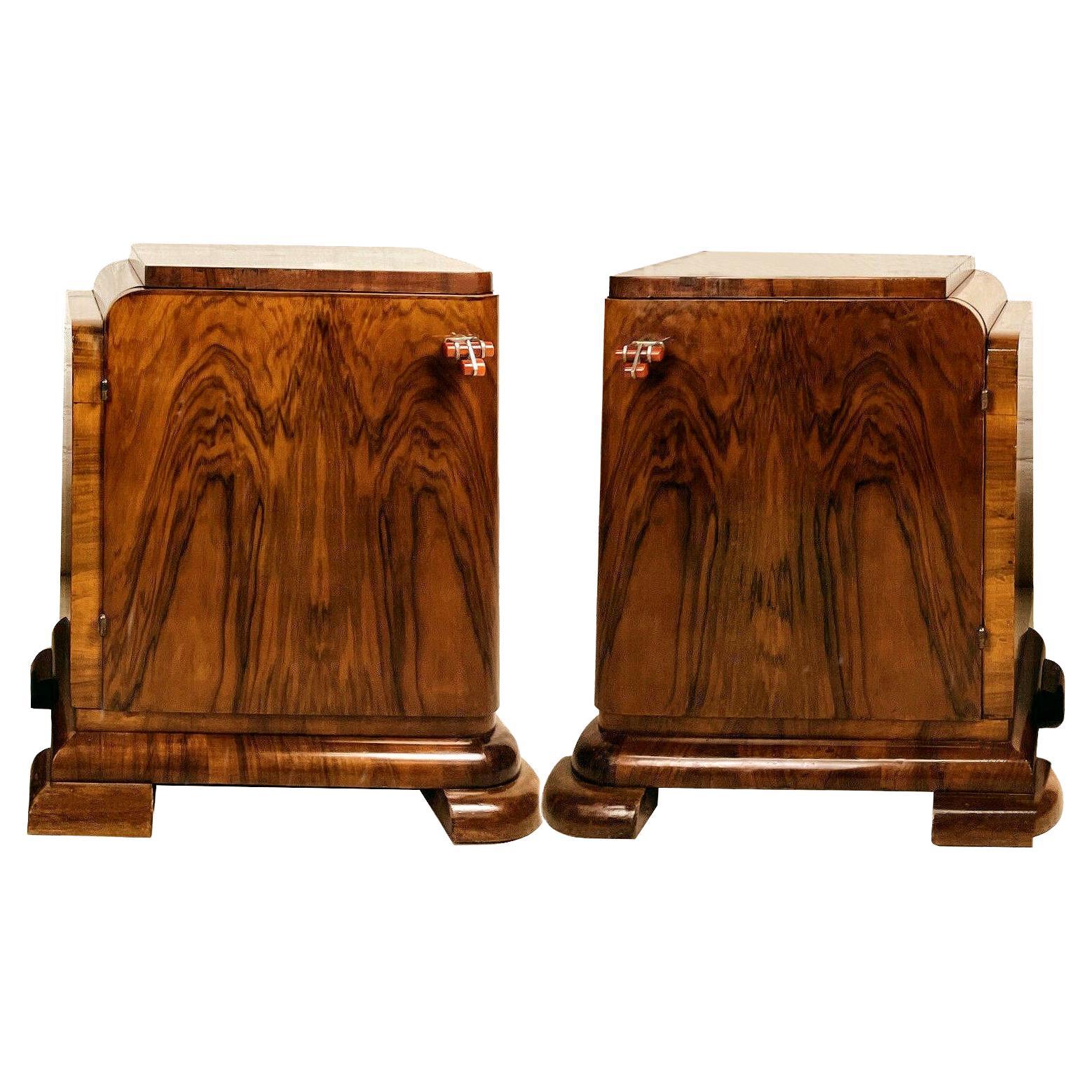 Art Deco Pair of Matching Bedside Table Nightstands in Walnut, c1930