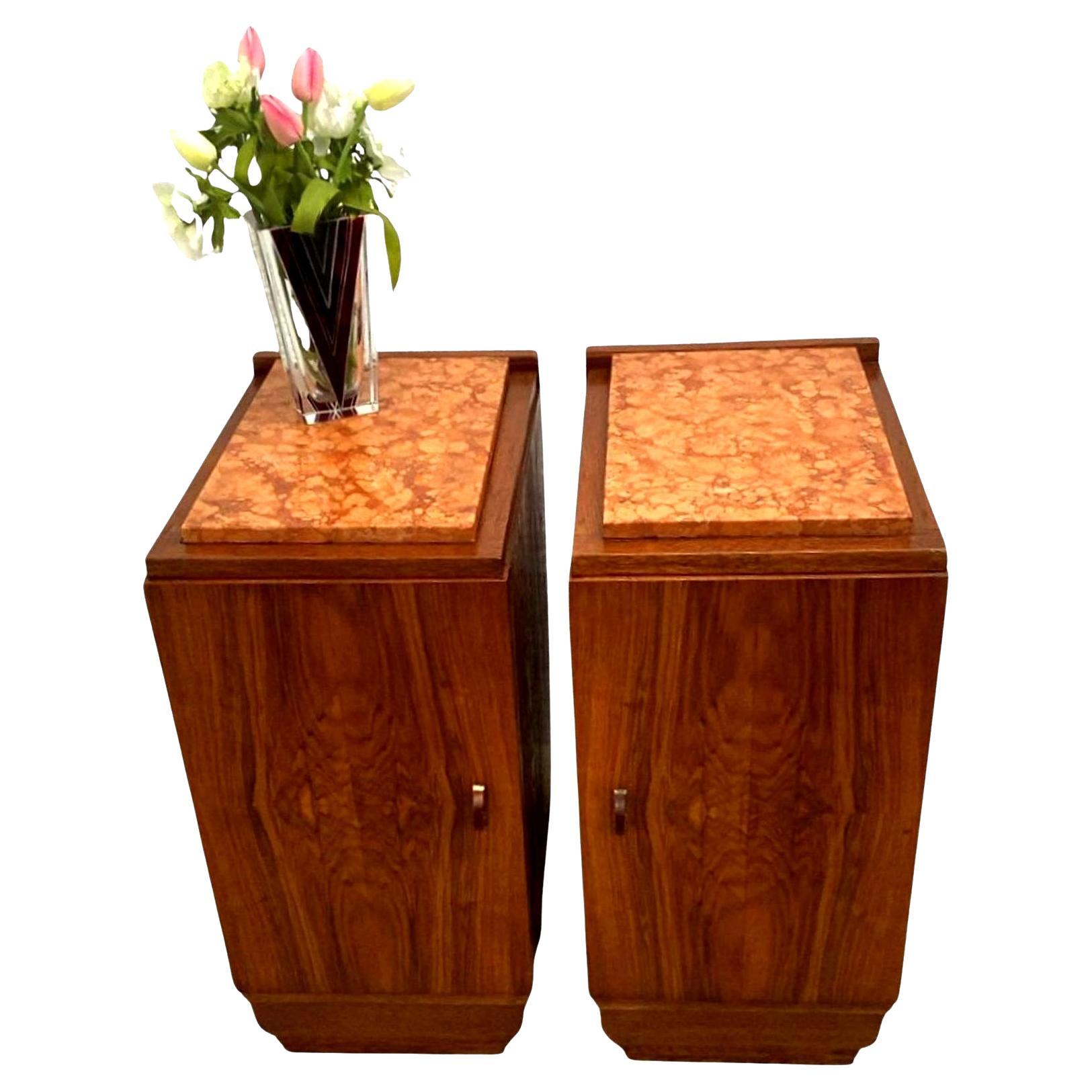 Art Deco Pair of Matching Bedside Table Nightstands In Walnut, c1930 For Sale