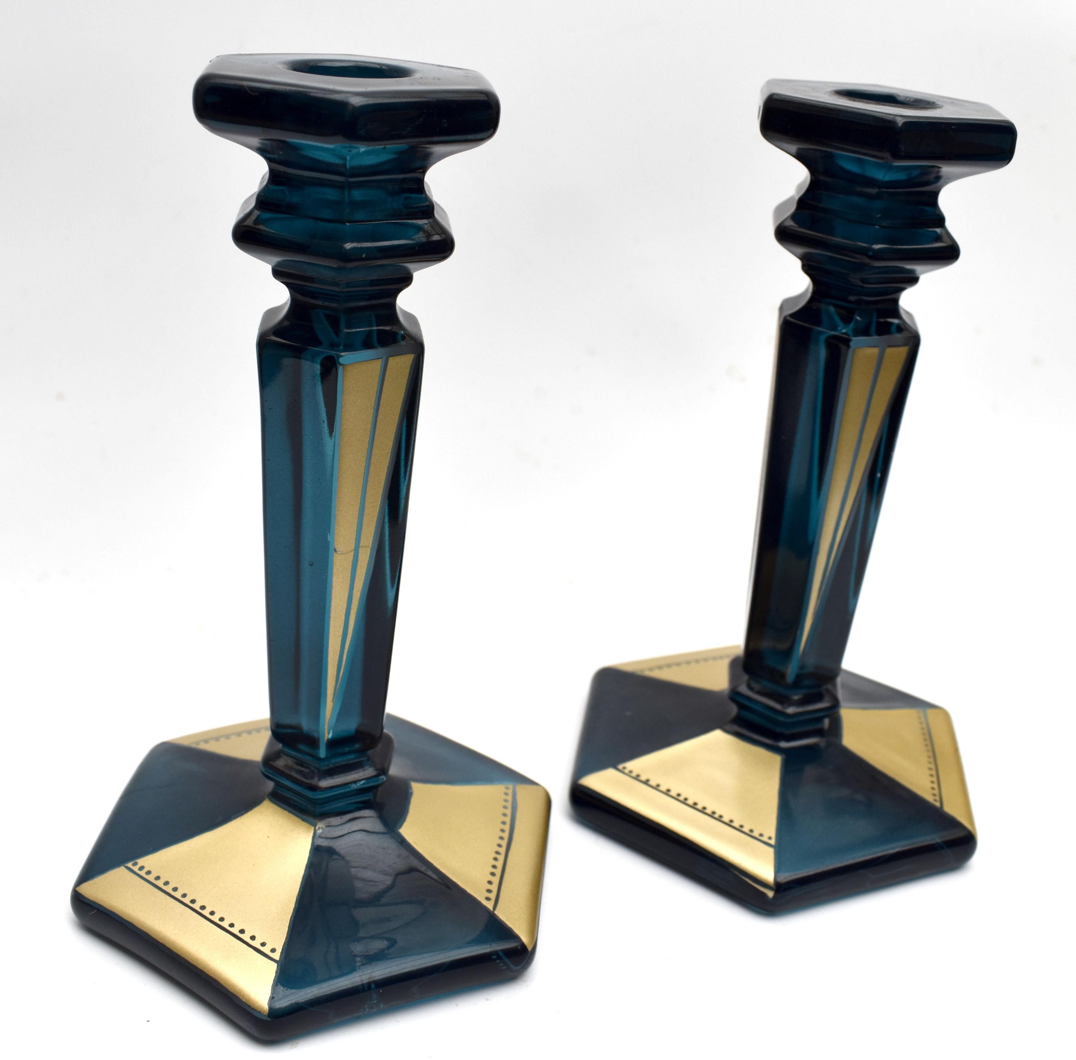 Czech Art Deco Pair of Matching Blue Glass Candlesticks, c1930 For Sale