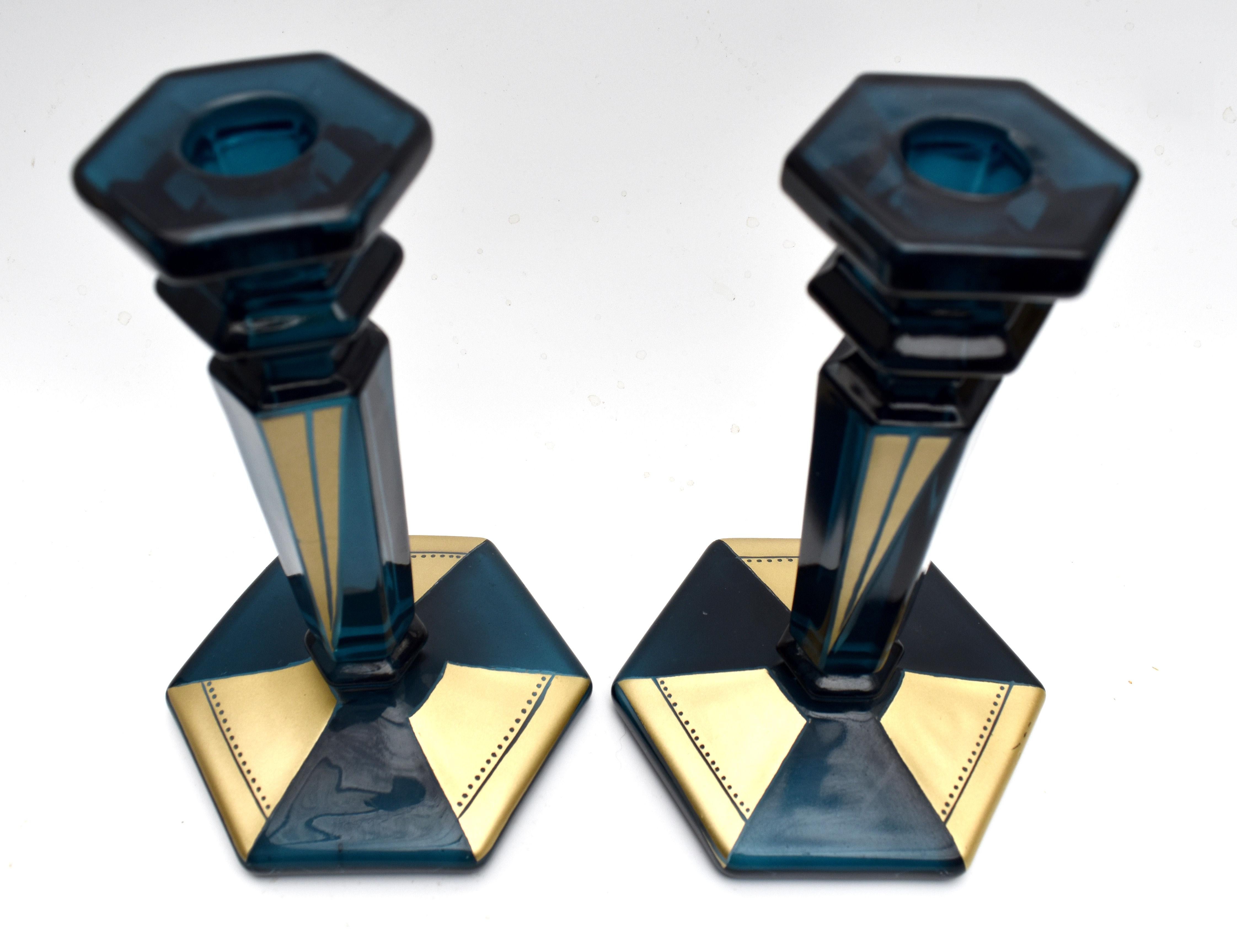 Enameled Art Deco Pair of Matching Blue Glass Candlesticks, c1930 For Sale
