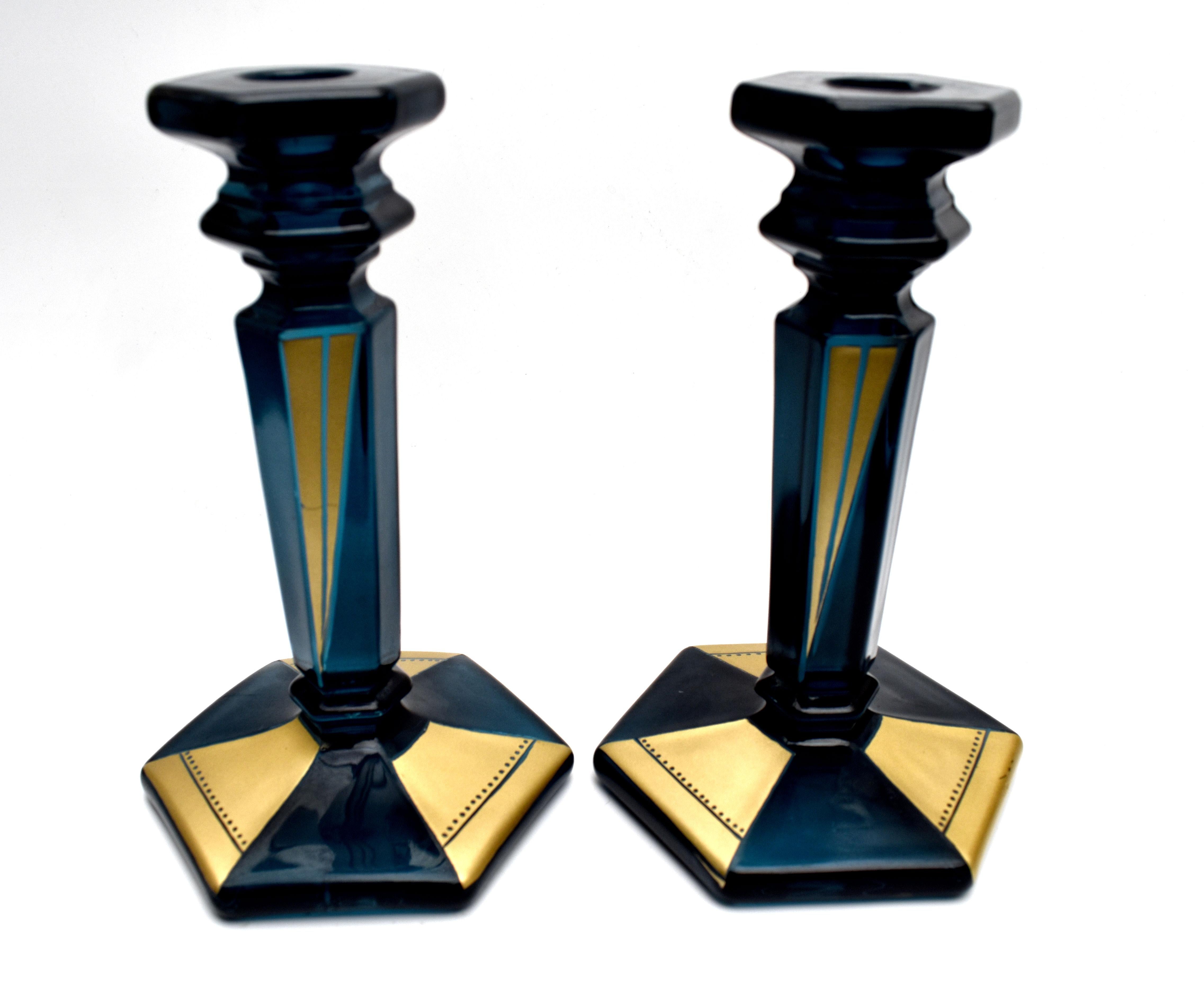 Art Deco Pair of Matching Blue Glass Candlesticks, c1930 For Sale 1