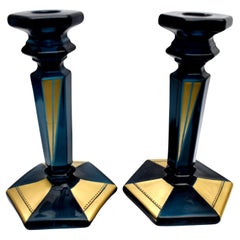 Art Deco Pair of Matching Blue Glass Candlesticks, c1930