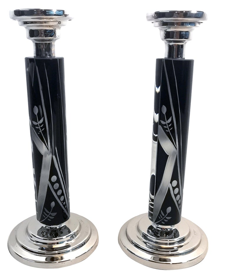 European Art Deco Pair of Matching Nickel-Silver & Glass Candlesticks, c1930 For Sale