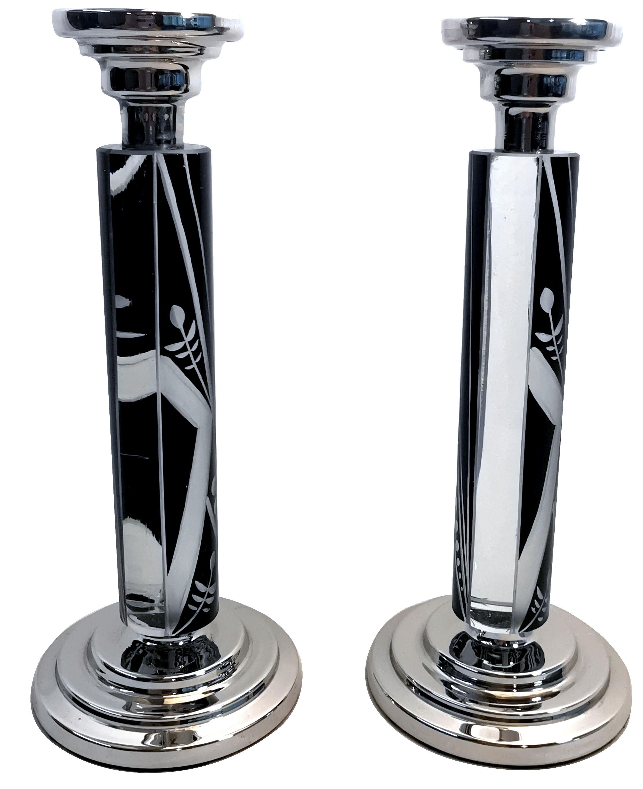 European Art Deco Pair of Matching Nickel-Silver & Glass Candlesticks, c1930