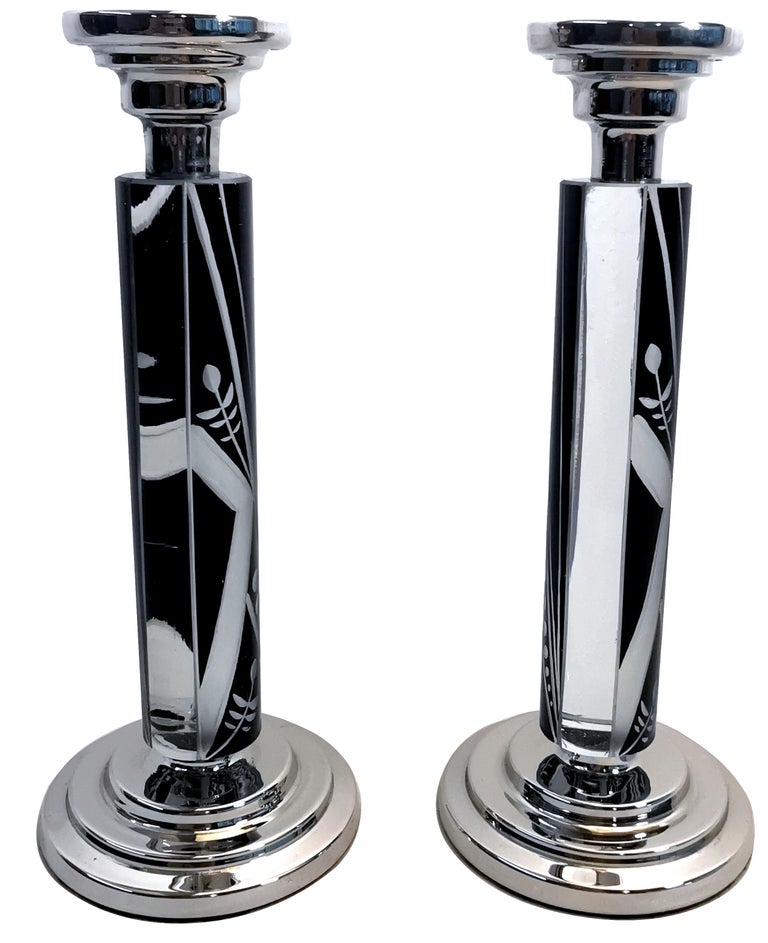 Enameled Art Deco Pair of Matching Nickel-Silver & Glass Candlesticks, c1930 For Sale