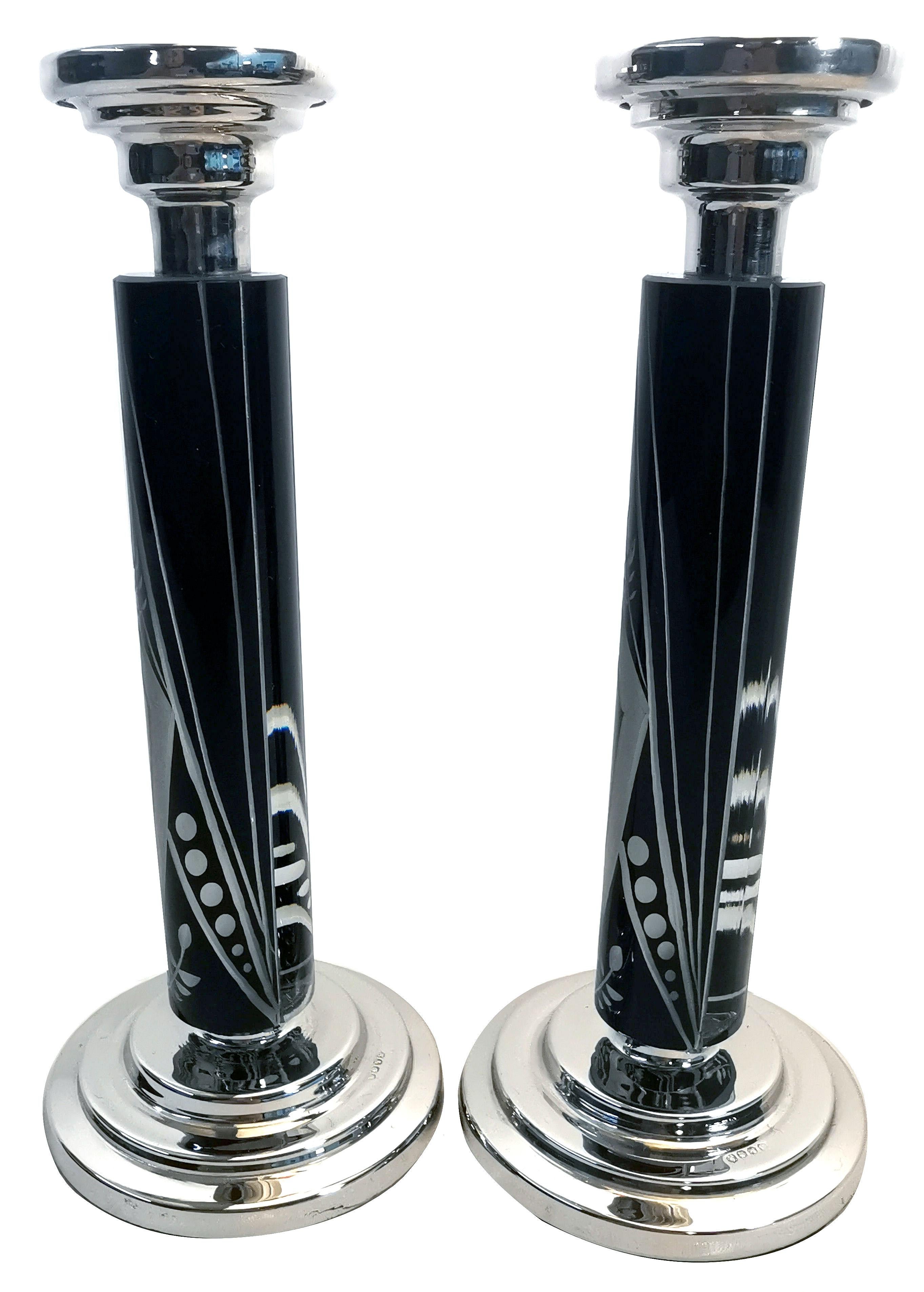 Enameled Art Deco Pair of Matching Nickel-Silver & Glass Candlesticks, c1930