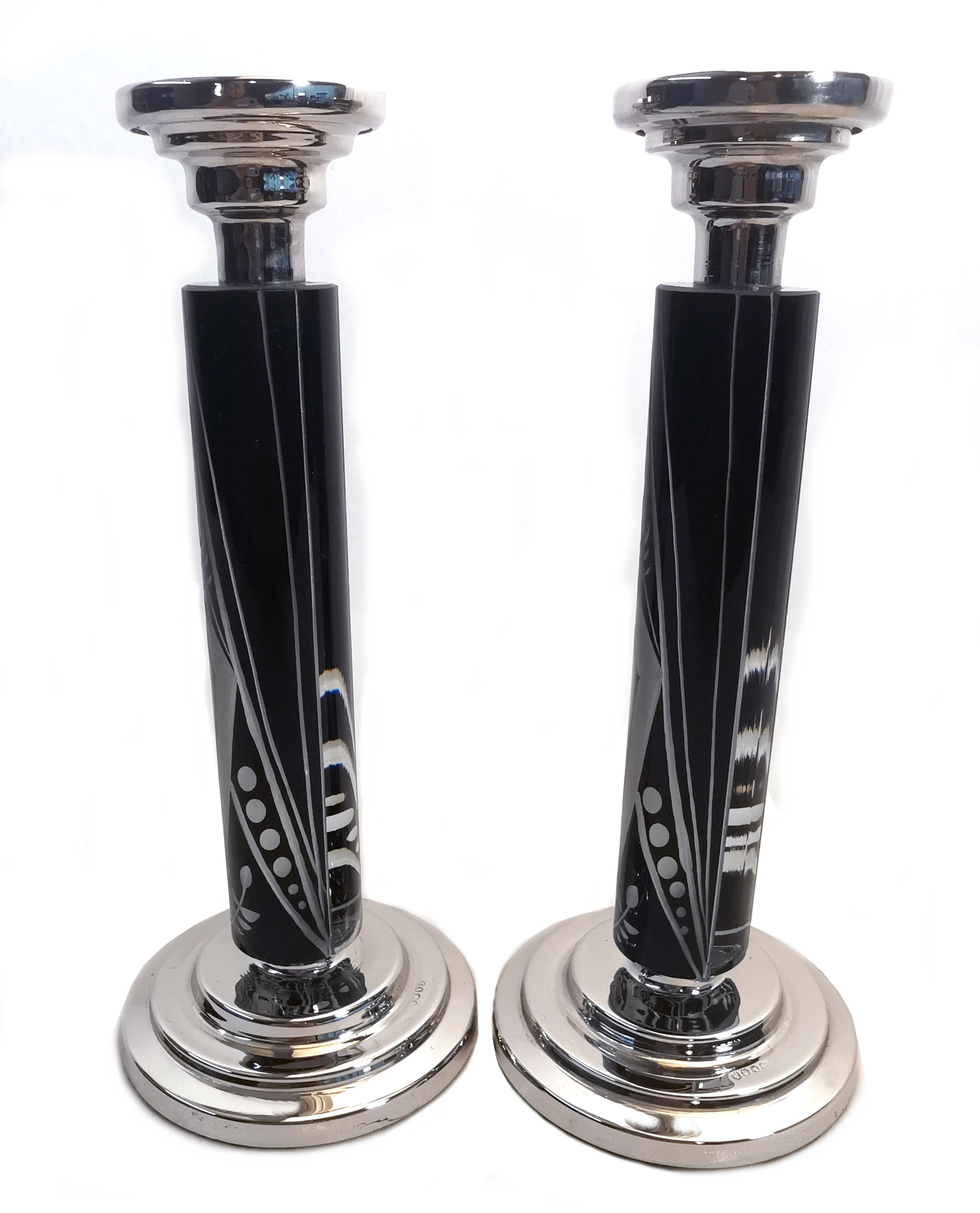 20th Century Art Deco Pair of Matching Nickel-Silver & Glass Candlesticks, c1930