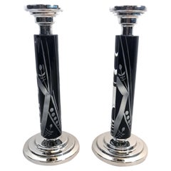 Vintage Art Deco Pair of Matching Nickel-Silver & Glass Candlesticks, c1930