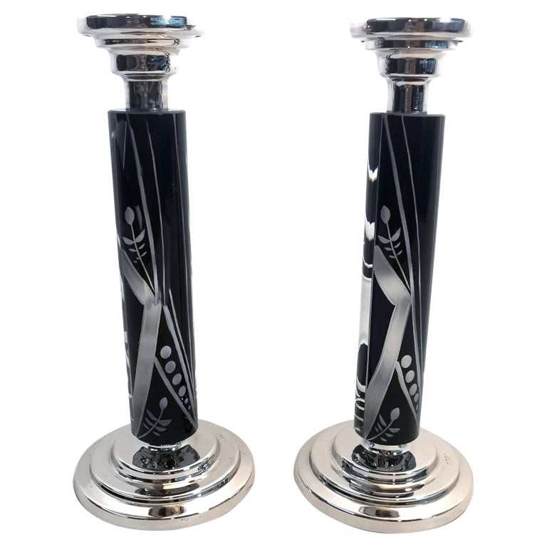 Art Deco Pair of Matching Nickel-Silver & Glass Candlesticks, c1930 For Sale