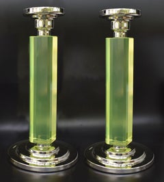 Art Deco Pair of Matching Nickel-Silver & Uranium Glass Candlesticks, c1930