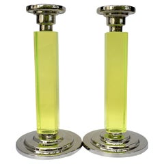 Vintage Art Deco Pair of Matching Nickel-Silver & Uranium Glass Candlesticks, c1930