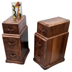 Art Deco Pair of Matching Walnut Bedside Cabinet Night Stands, c1930