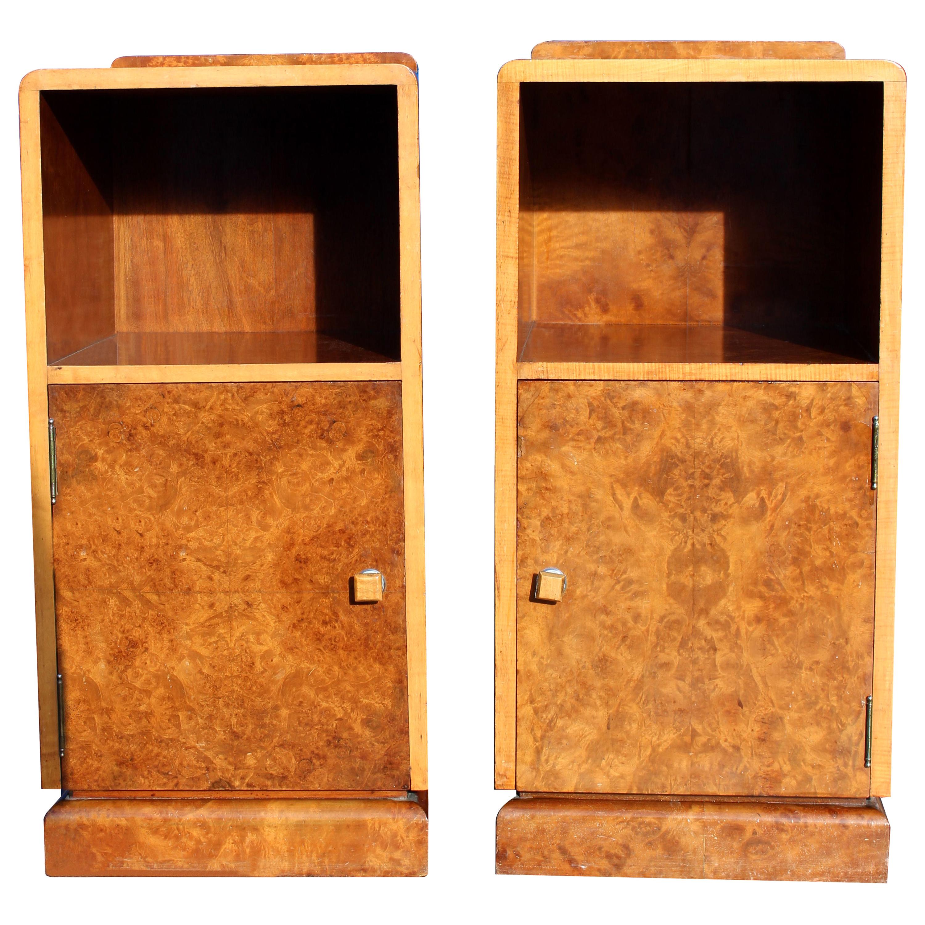 Art Deco Pair of Matching Walnut Bedside Nightstand Cabinets, C 1930