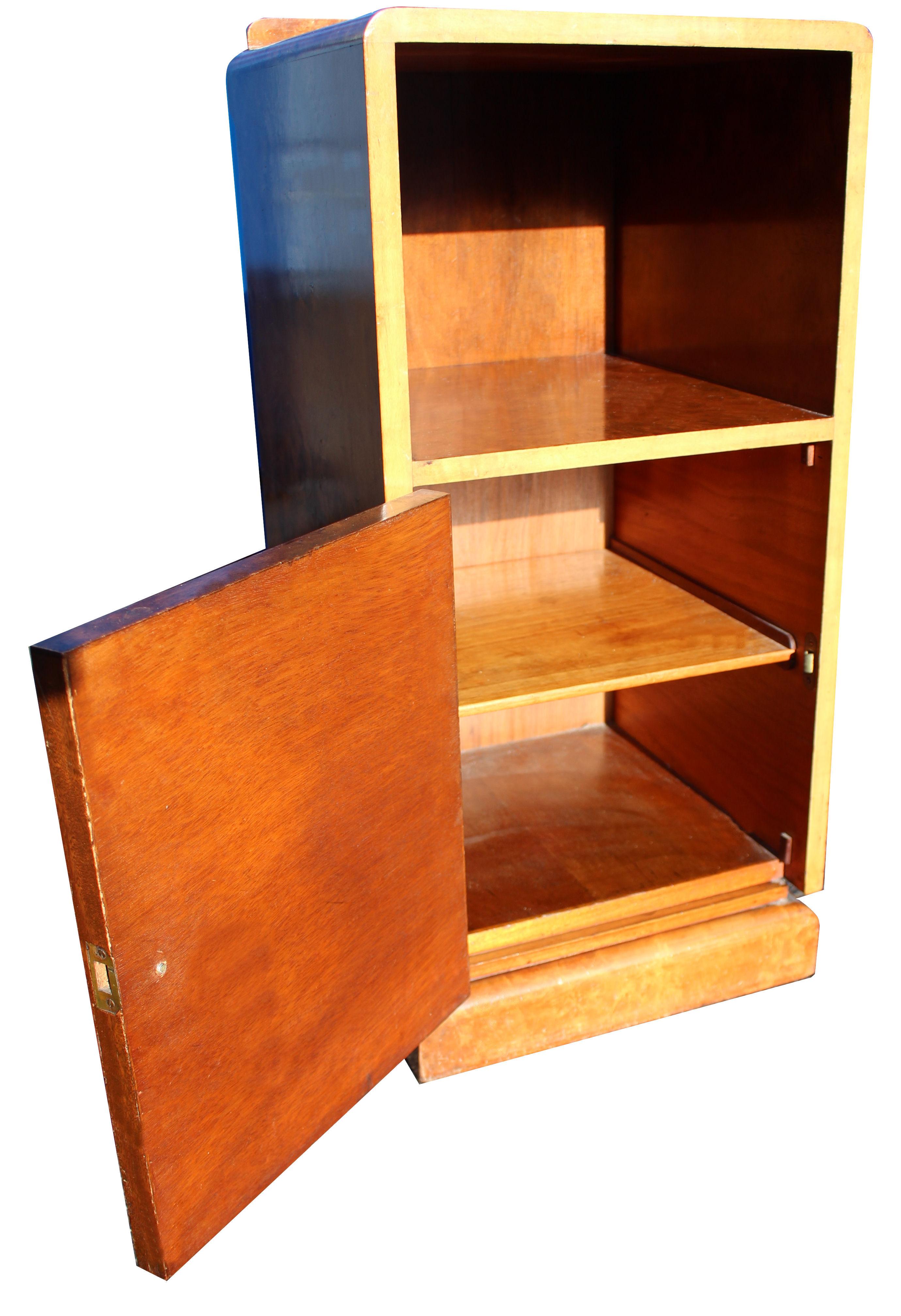 English Art Deco Pair of Matching Walnut Bedside Nightstand Cabinets, C 1930