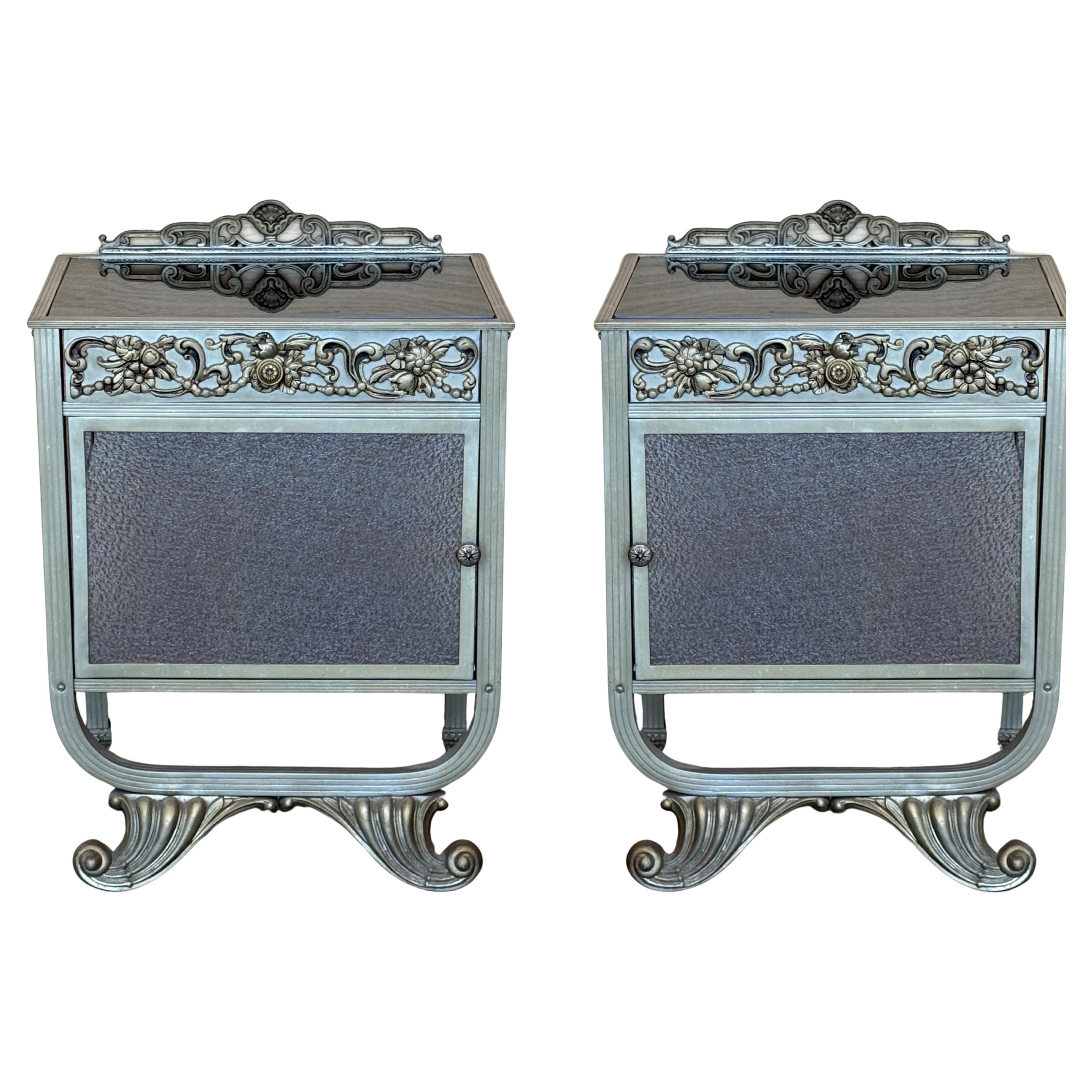 Art Deco Pair of Metal Nightstands with Original Crystal door For Sale