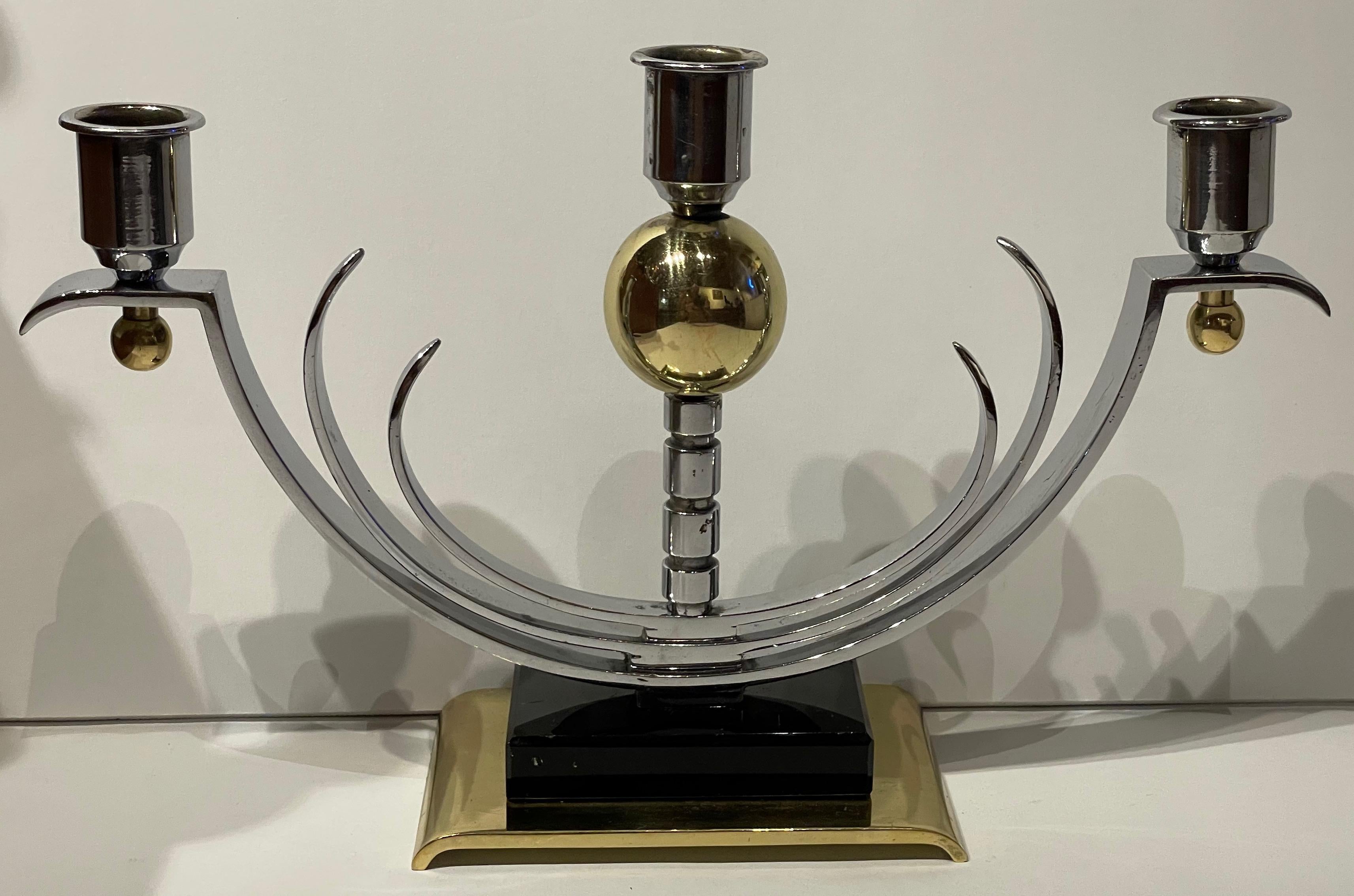 Austrian Art Deco Pair of Modernist Candlesticks Chrome Brass and Vitrolite For Sale