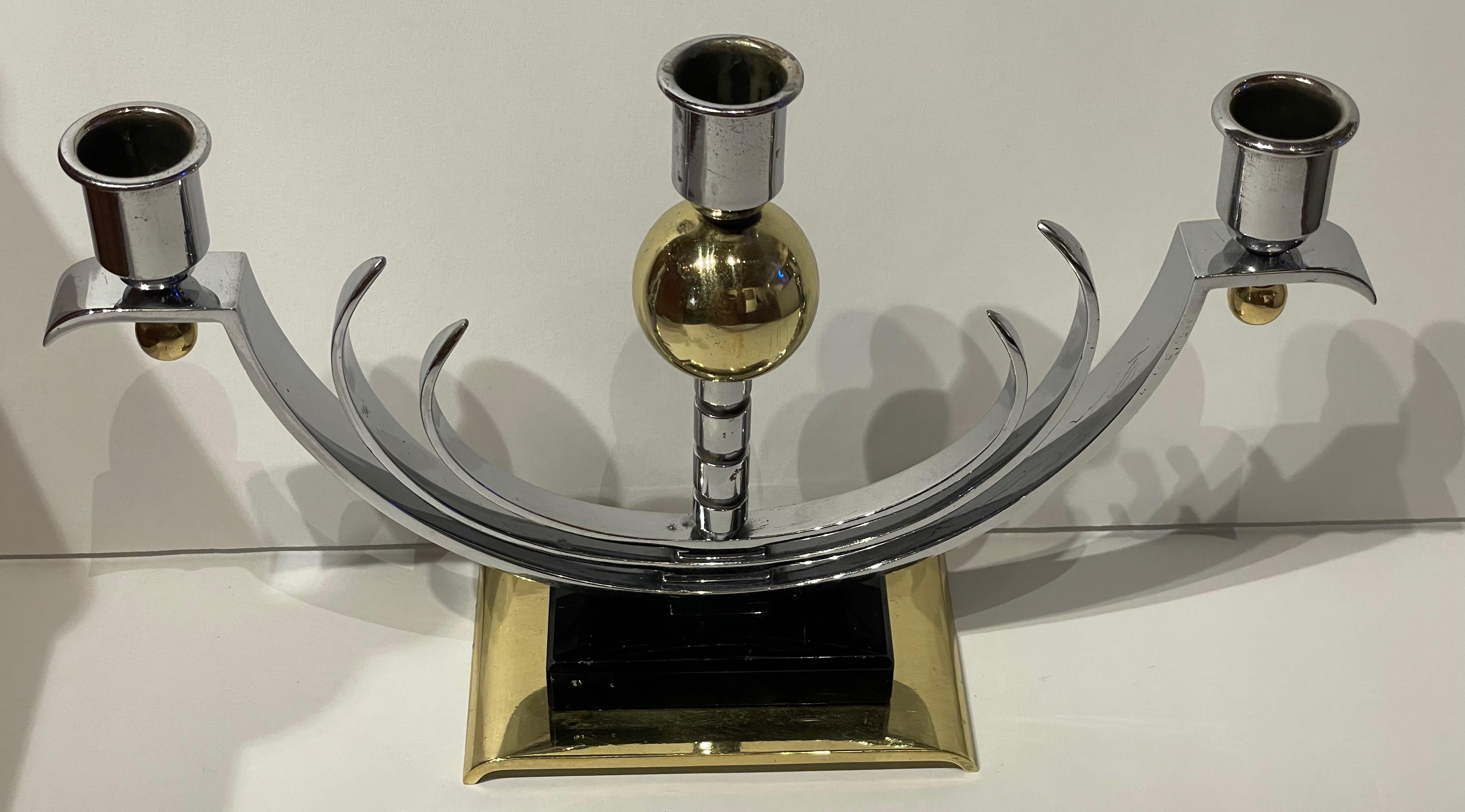 Mid-20th Century Art Deco Pair of Modernist Candlesticks Chrome Brass and Vitrolite For Sale