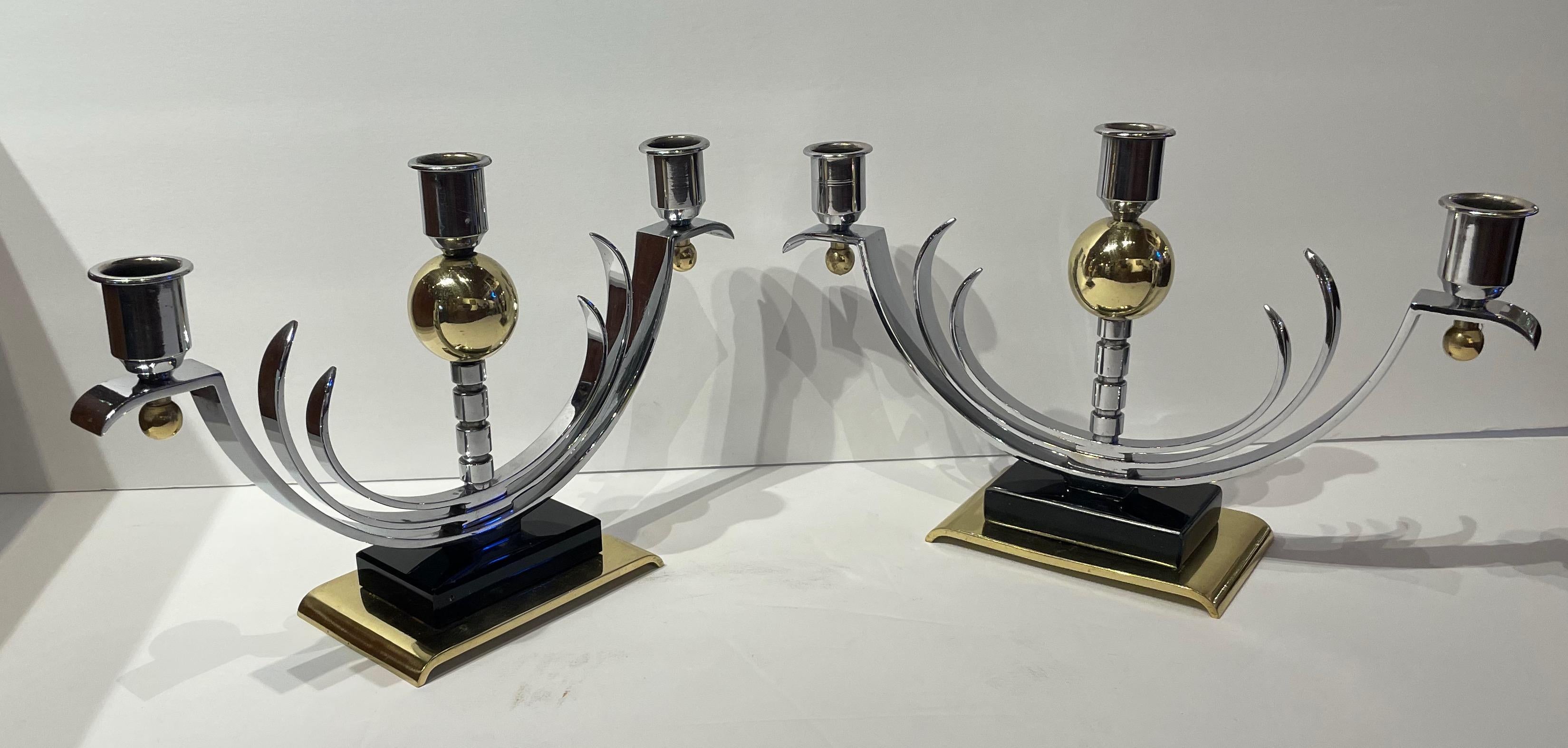 Art Deco Pair of Modernist Candlesticks Chrome Brass and Vitrolite For Sale 1