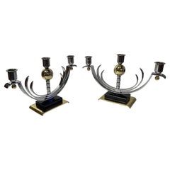 Art Deco Pair of Modernist Candlesticks Chrome Brass and Vitrolite