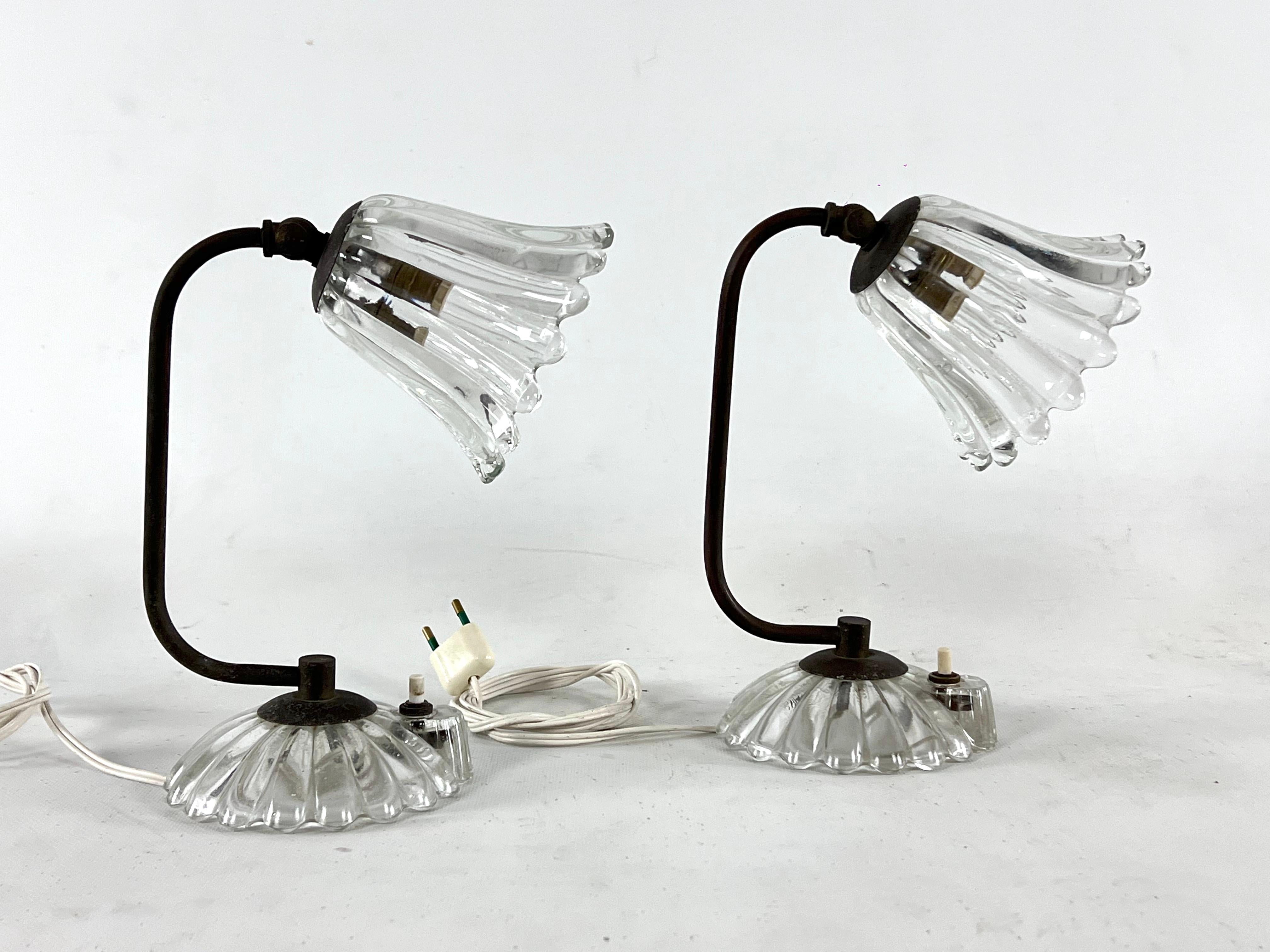 Italian Art Deco, Pair of Murano Glass Table Lamps by Barovier, Italy, 1940s