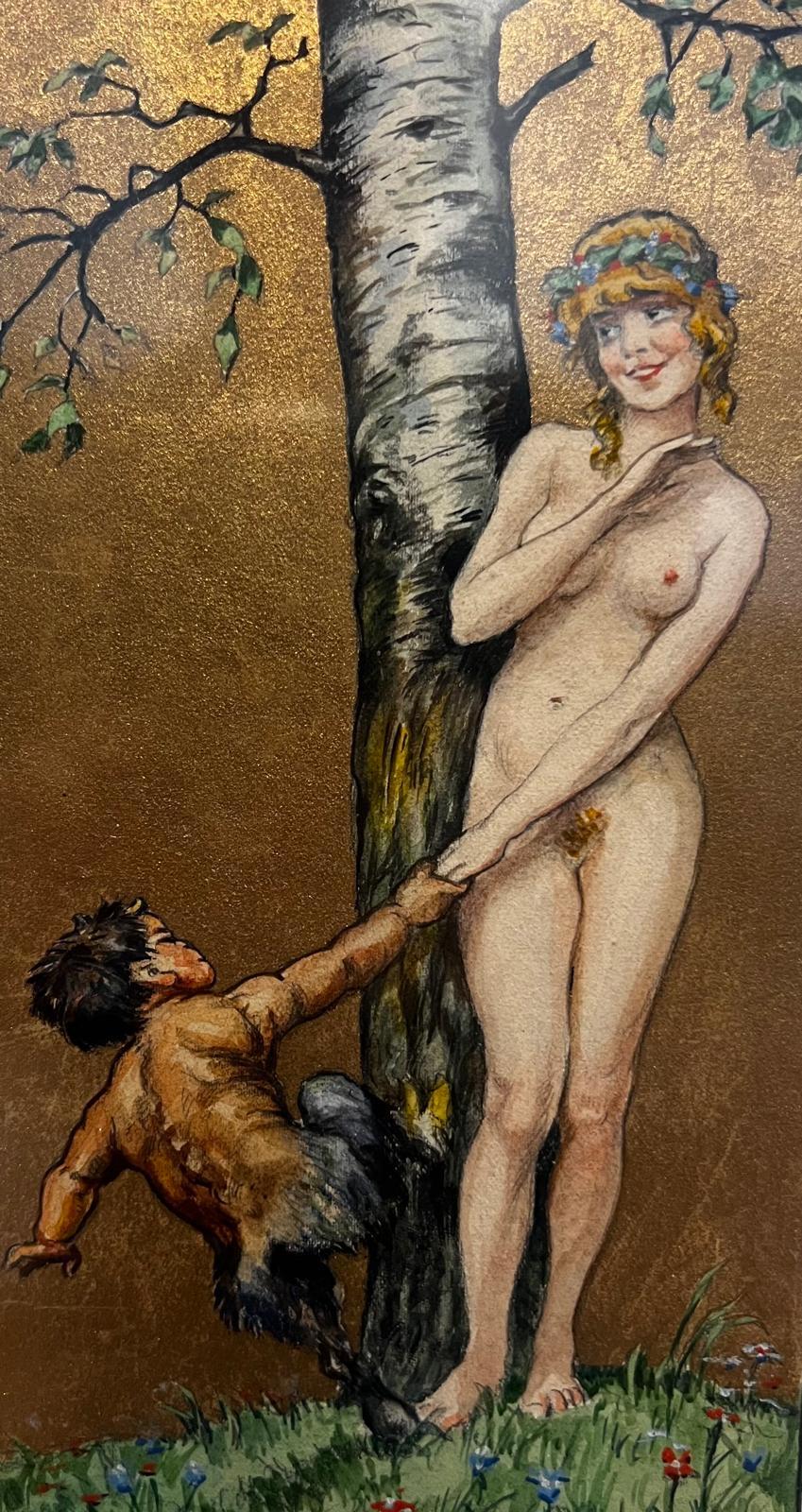 Art Deco Paar mythologische Gouache-Gemälde, Pan & Nymphe, Klimt-Epoche 1918 (Art déco) im Angebot