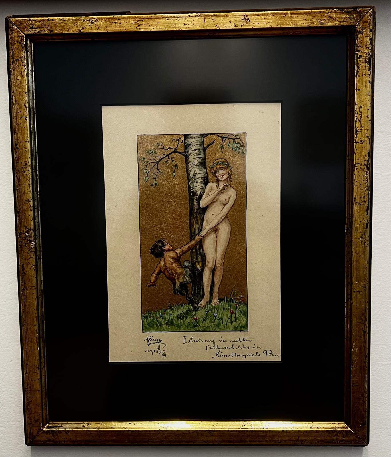 Art Deco Paar mythologische Gouache-Gemälde, Pan & Nymphe, Klimt-Epoche 1918 (Handbemalt) im Angebot