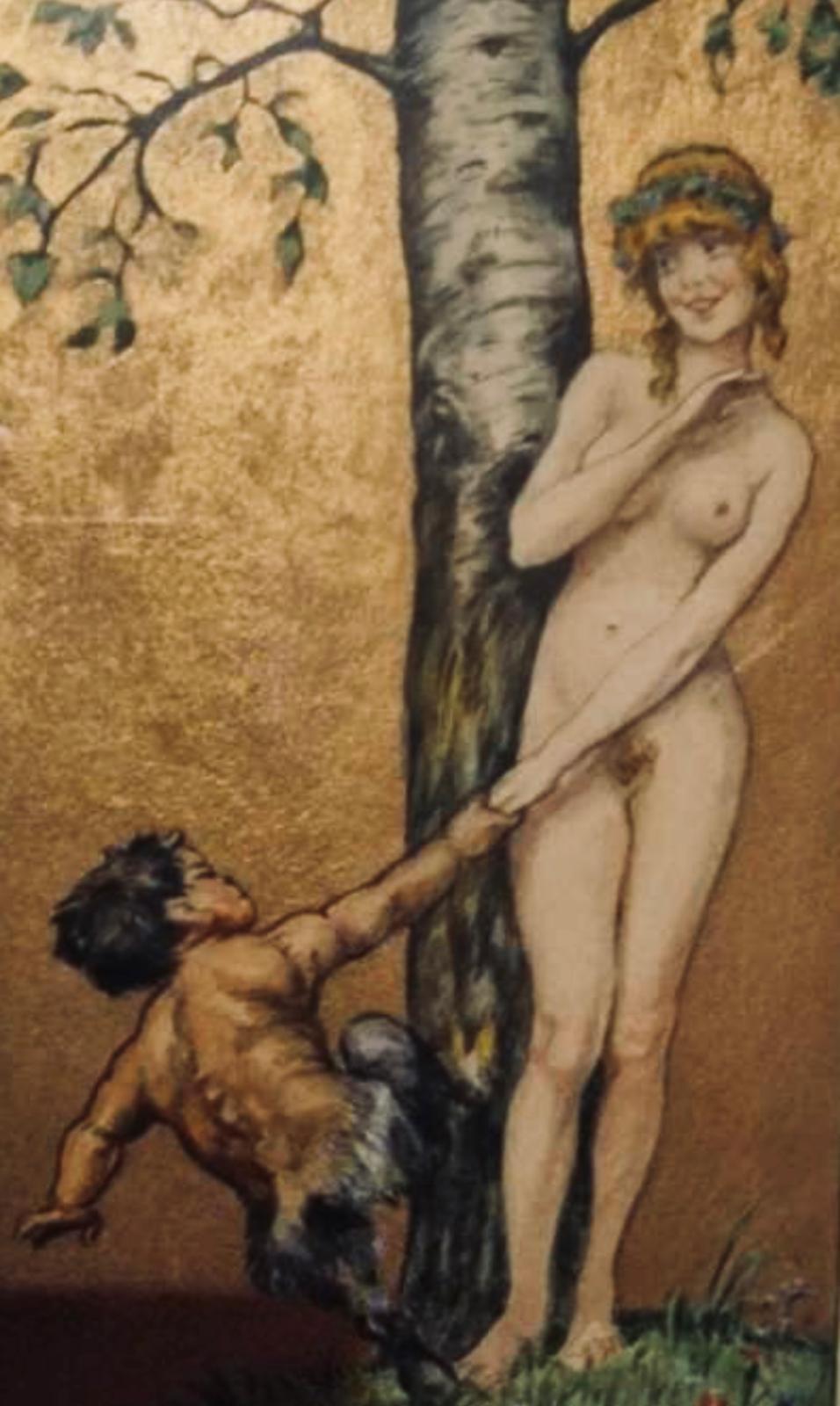 Art Deco Paar mythologische Gouache-Gemälde, Pan & Nymphe, Klimt-Epoche 1918 im Zustand „Hervorragend“ im Angebot in Doha, QA