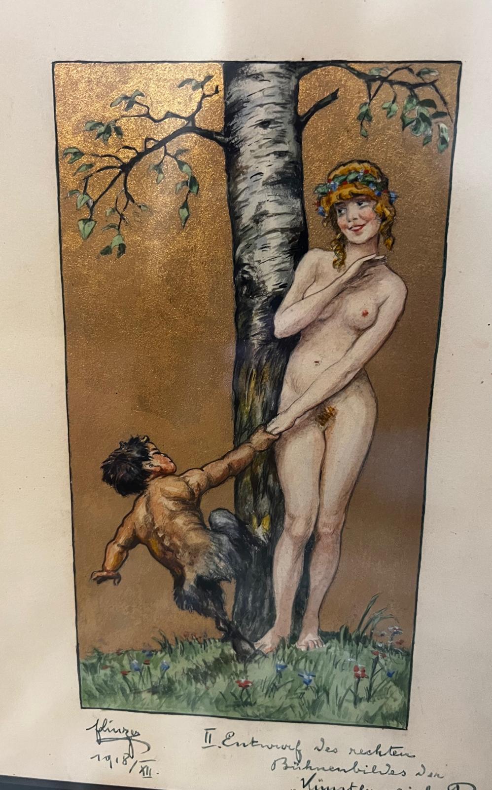 Art Deco Paar mythologische Gouache-Gemälde, Pan & Nymphe, Klimt-Epoche 1918 (20. Jahrhundert) im Angebot