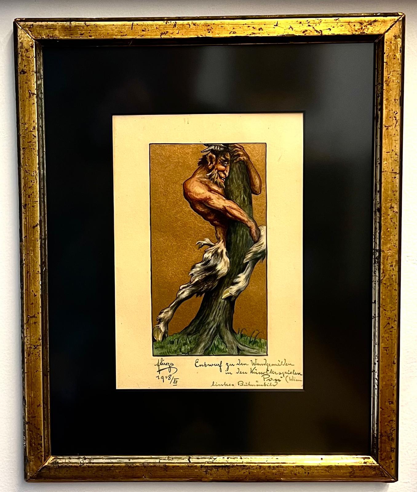 Art Deco Paar mythologische Gouache-Gemälde, Pan & Nymphe, Klimt-Epoche 1918 im Angebot 1