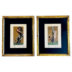 Paire de peintures gouachées mythologiques Art Déco, Pan et Nymphe, époque Klimt 1918