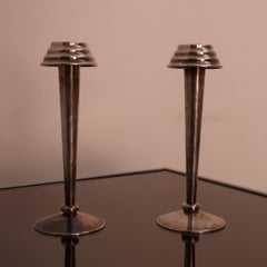 Art Deco Pair of Nickel Plated Brass Candle Holders, Italy, 1930s