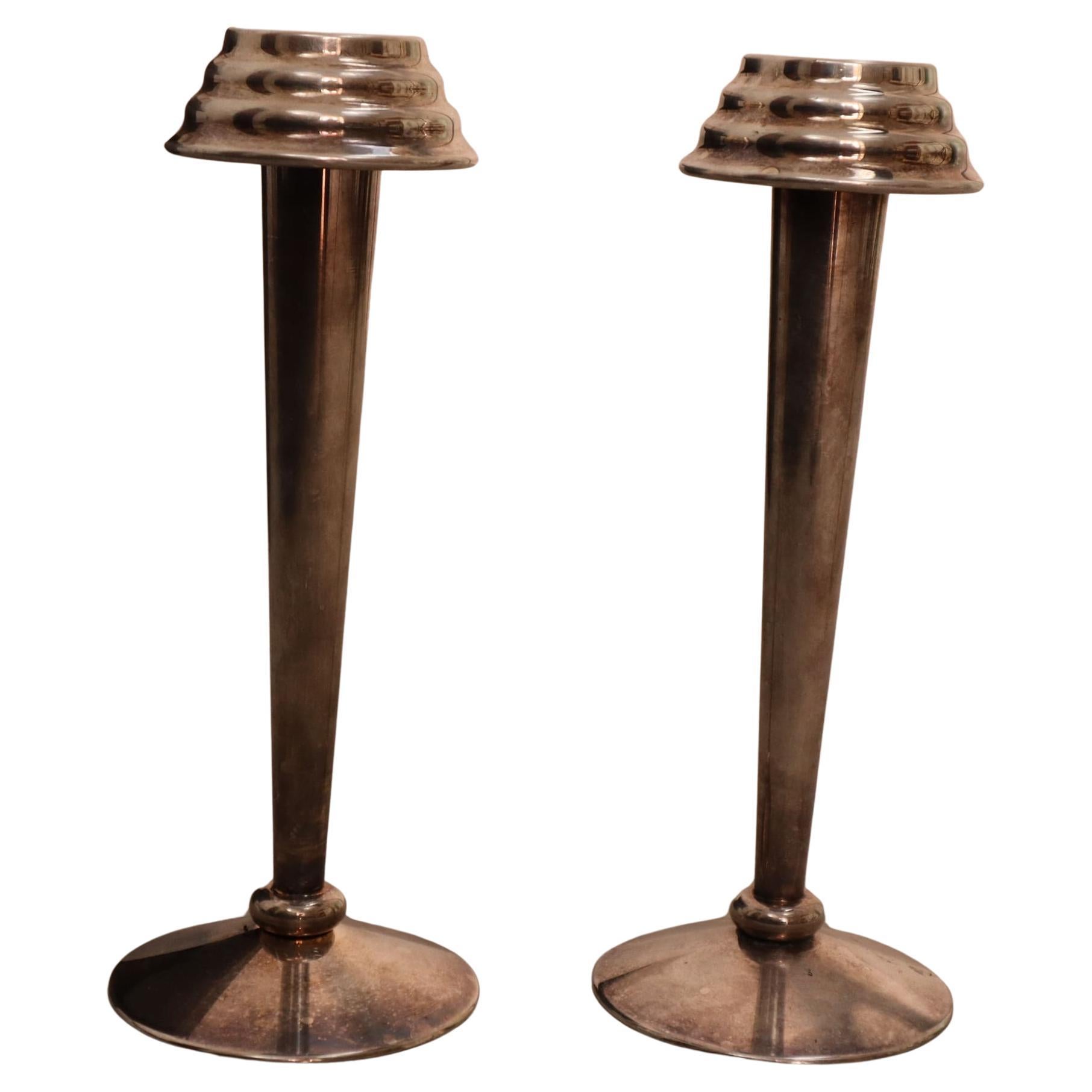 Coppia di portacandele in ottone nichelato Art Déco, Italia, anni '30