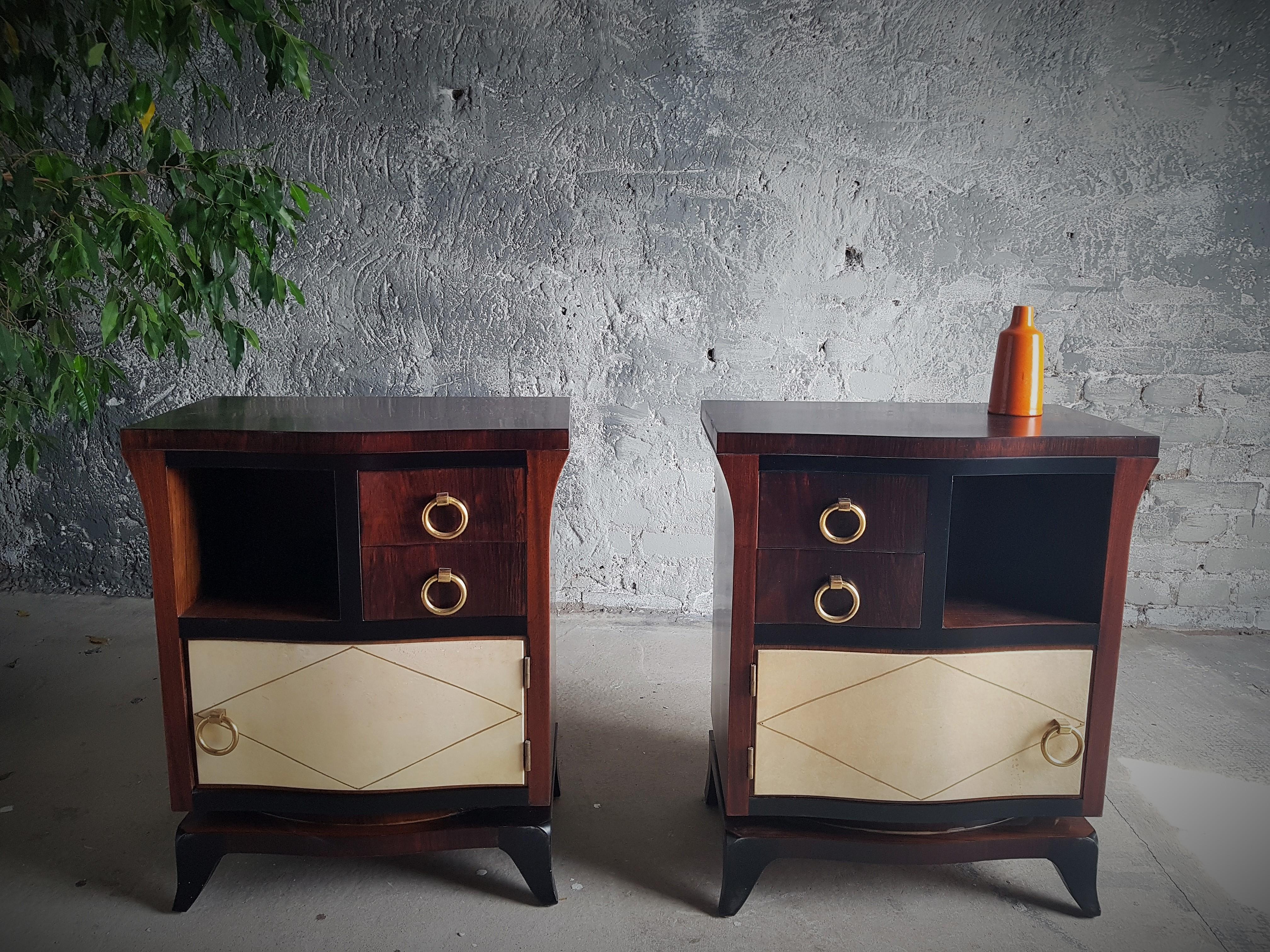 Mid-20th Century Art Deco Pair of Night Stands Parchment Style Jean Pascaud, France 1935 For Sale